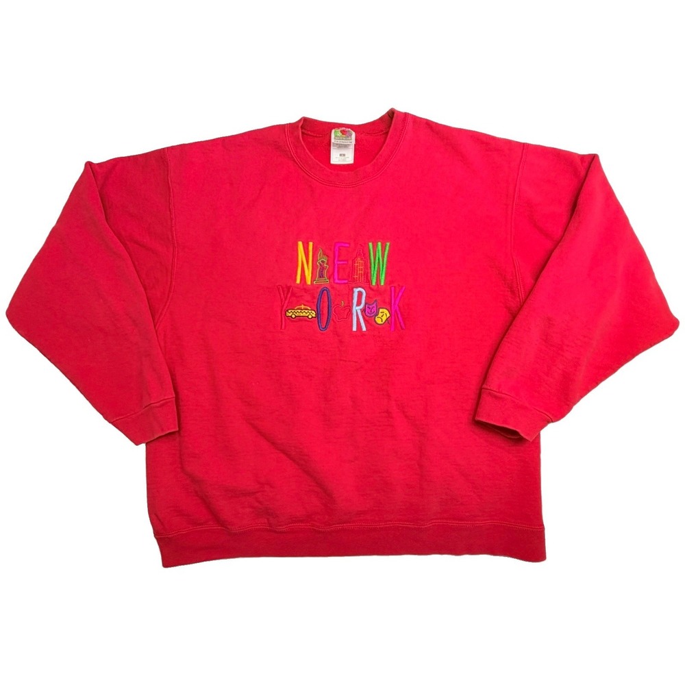 Vintage New York Embroidered Crewneck Sweatshirt Red‎ Large Fruit of the Loom